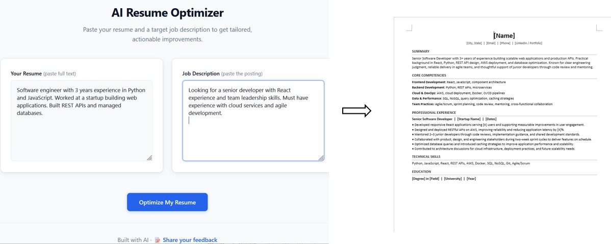 Sample screen showing resume input, job description input, optimized resume output, and Word download button